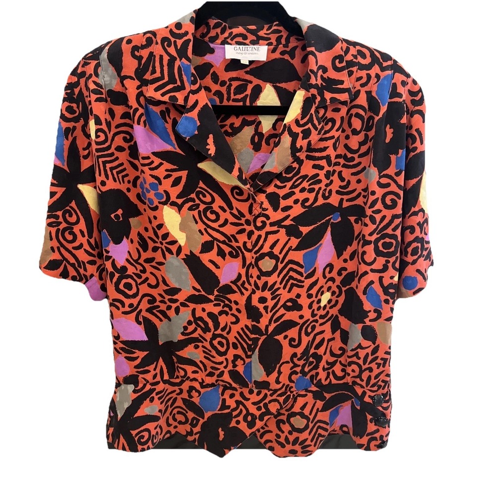 Galizine Vintage Abstract Print Short Sleeve Button Up Blouse Orange Multi Sz 50